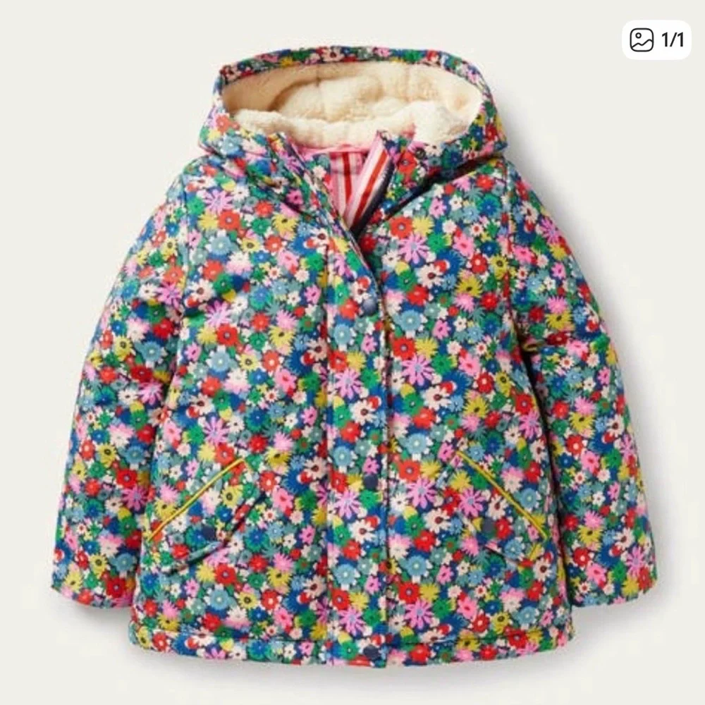 Mini Boden Floral Sherpa Lined Parka Jacket Size 7-8 - Picture 1 of 5